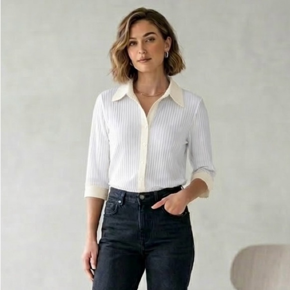 Anxiety Cafe Classic White Pinstripe Long-Sleeve Button Shirt